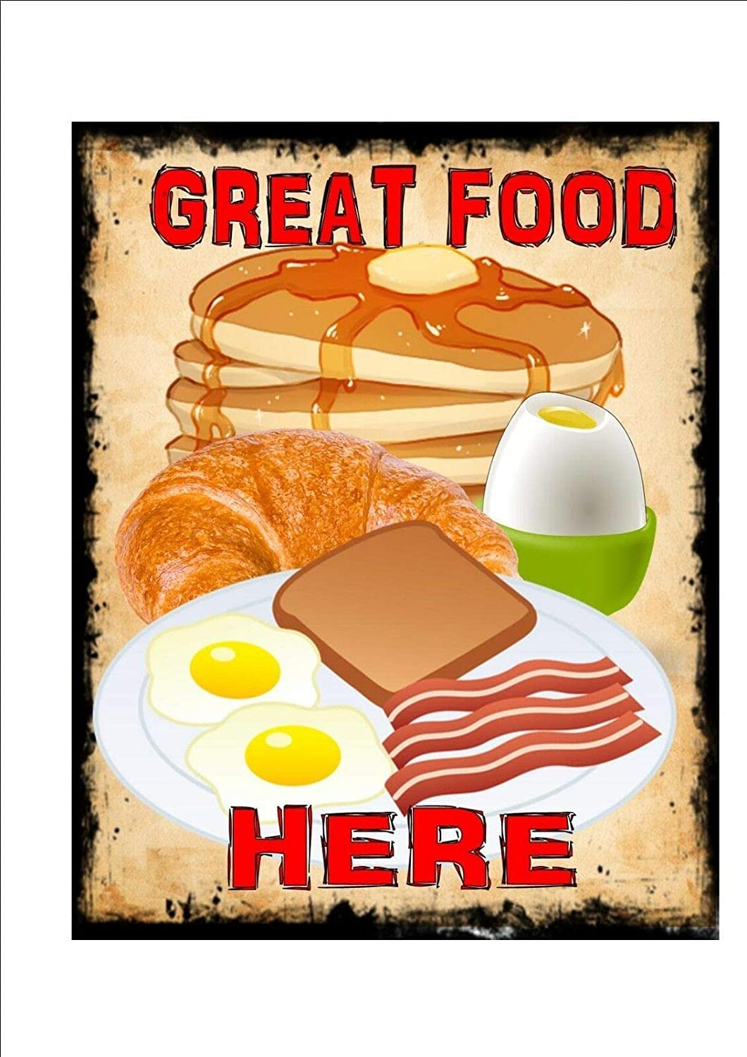 rayprint Great Food Here Metal Signs Wall Decor Cafe Bar Breakfast Eggs Bacon Pancakes Good Food Retro Aluminum Sign for Home Cafe Bar Kitchen Restaurant 12x16 Inch