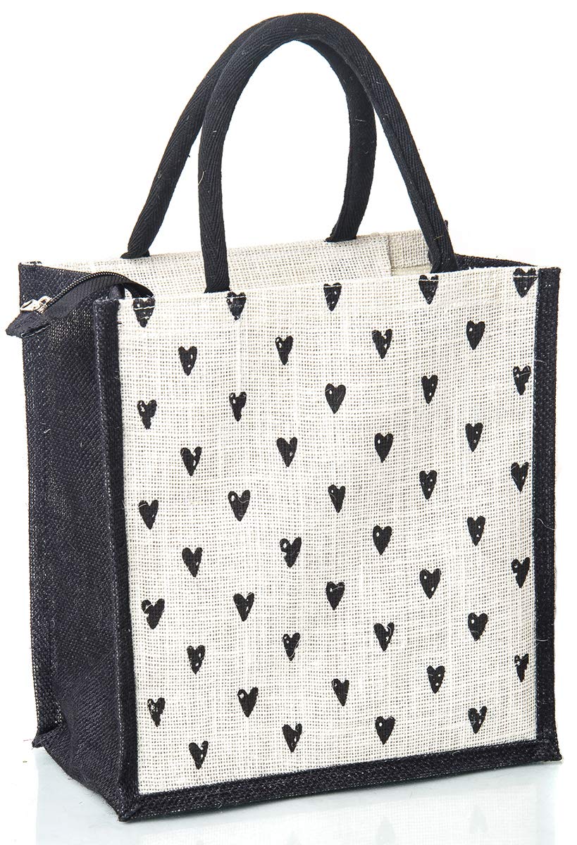 H&B Jute bag for lunch – lunch bag, lunch box bag, tiffin bag, tote bag, hand bag - bag for men, bag for women, girls bag, lunch bag for kids with ZIP, BOTTLE HOLDER - Hearts (1 Bag - Black) (B08JZB8SC7) Amazon Price History, Amazon Price Tracker