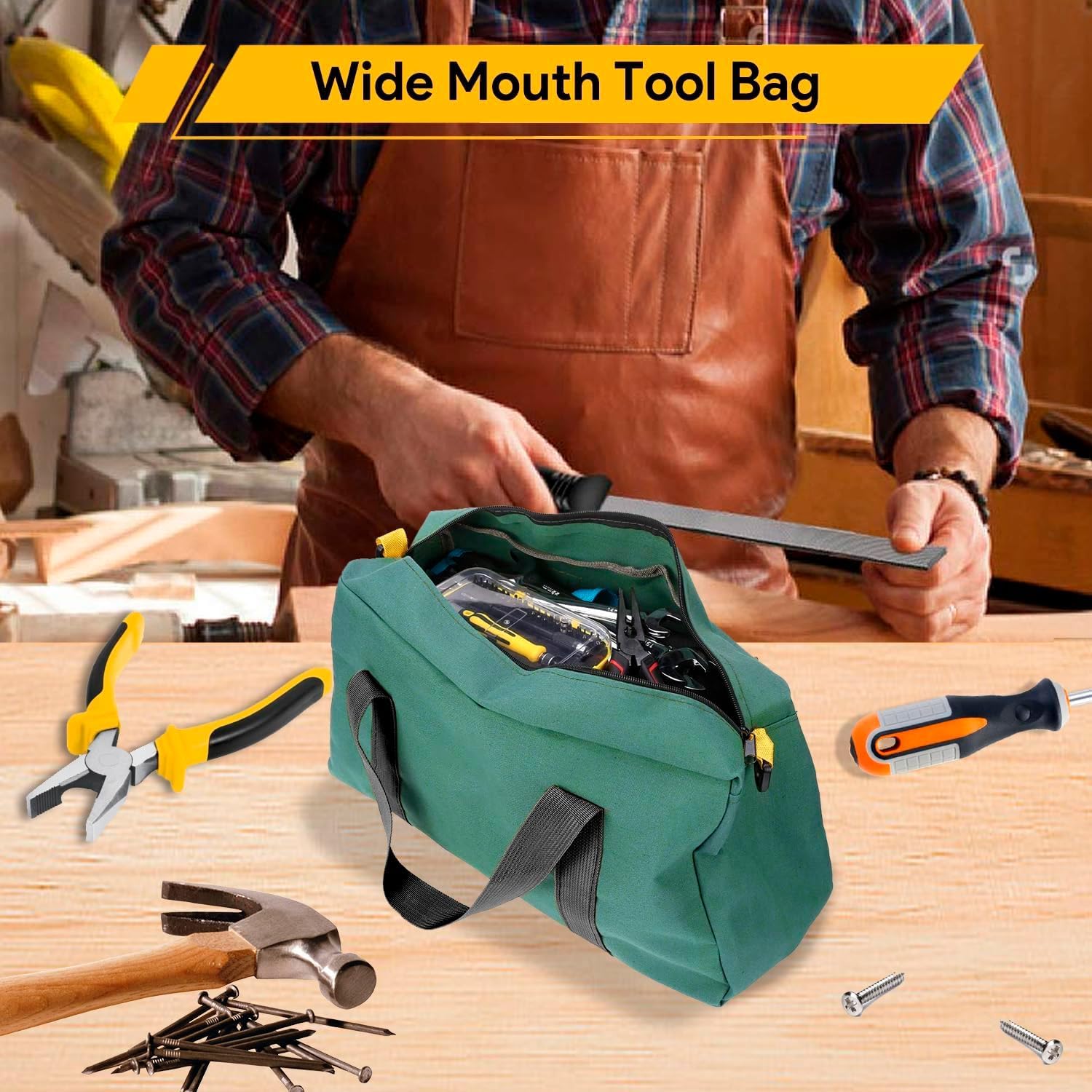 16 Inch Wide Mouth Tool Bag - Heavy Duty Oxford Fabric Electrician Tool Organizer with Large Capacity, Waterproof Storage for Home Repair, Car Mechanics & Carpentry Tools(16 inch)