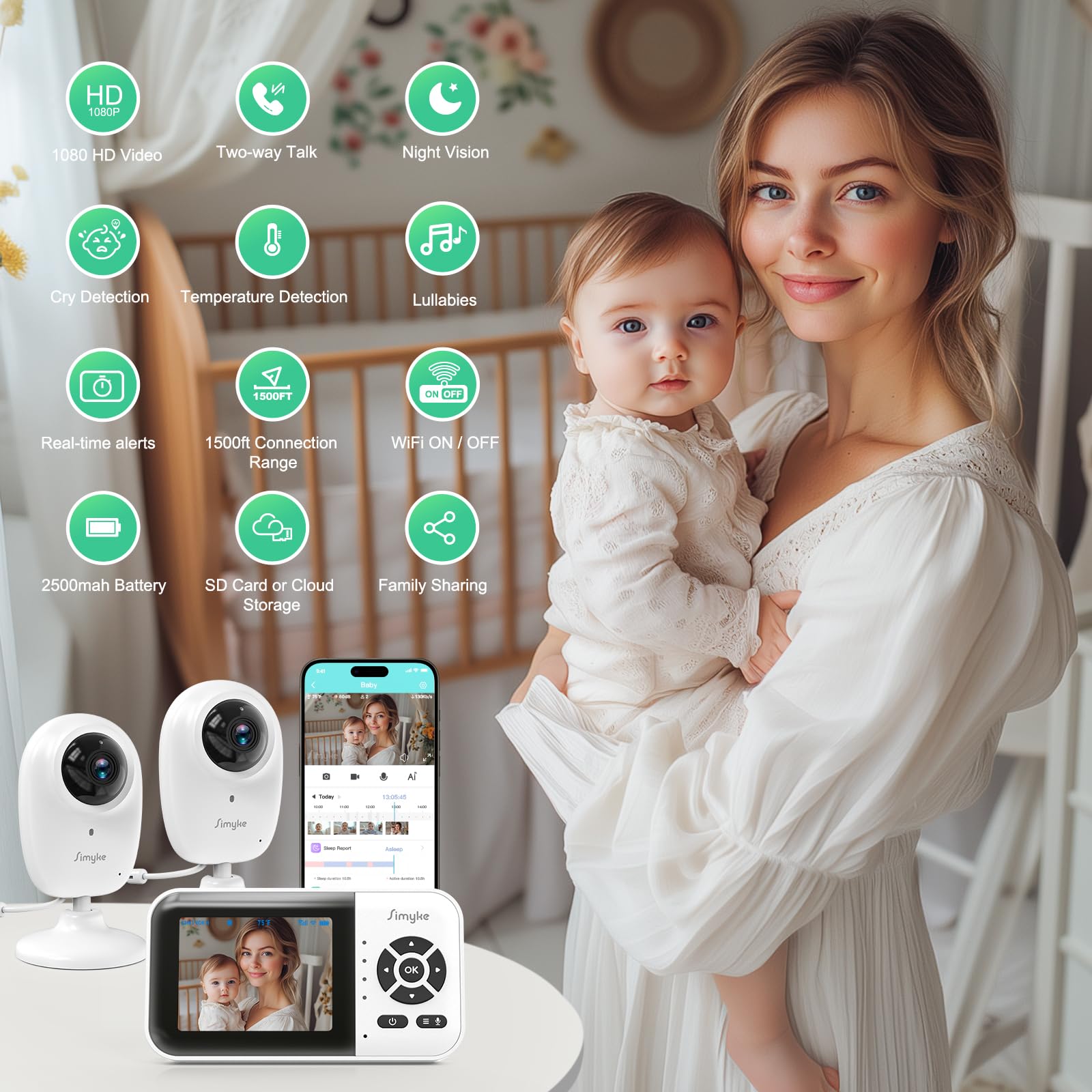 Simyke Smart BabyMonitor,1080p 2Camera,Wifi On/Off Switch,2.8" inch Display or WiFi Remote Access,NightVision,1500ft Long Range,2-Way Talk,Sound Alert,Temperature Sensor,Lullabies Feeding Remind - Image 3