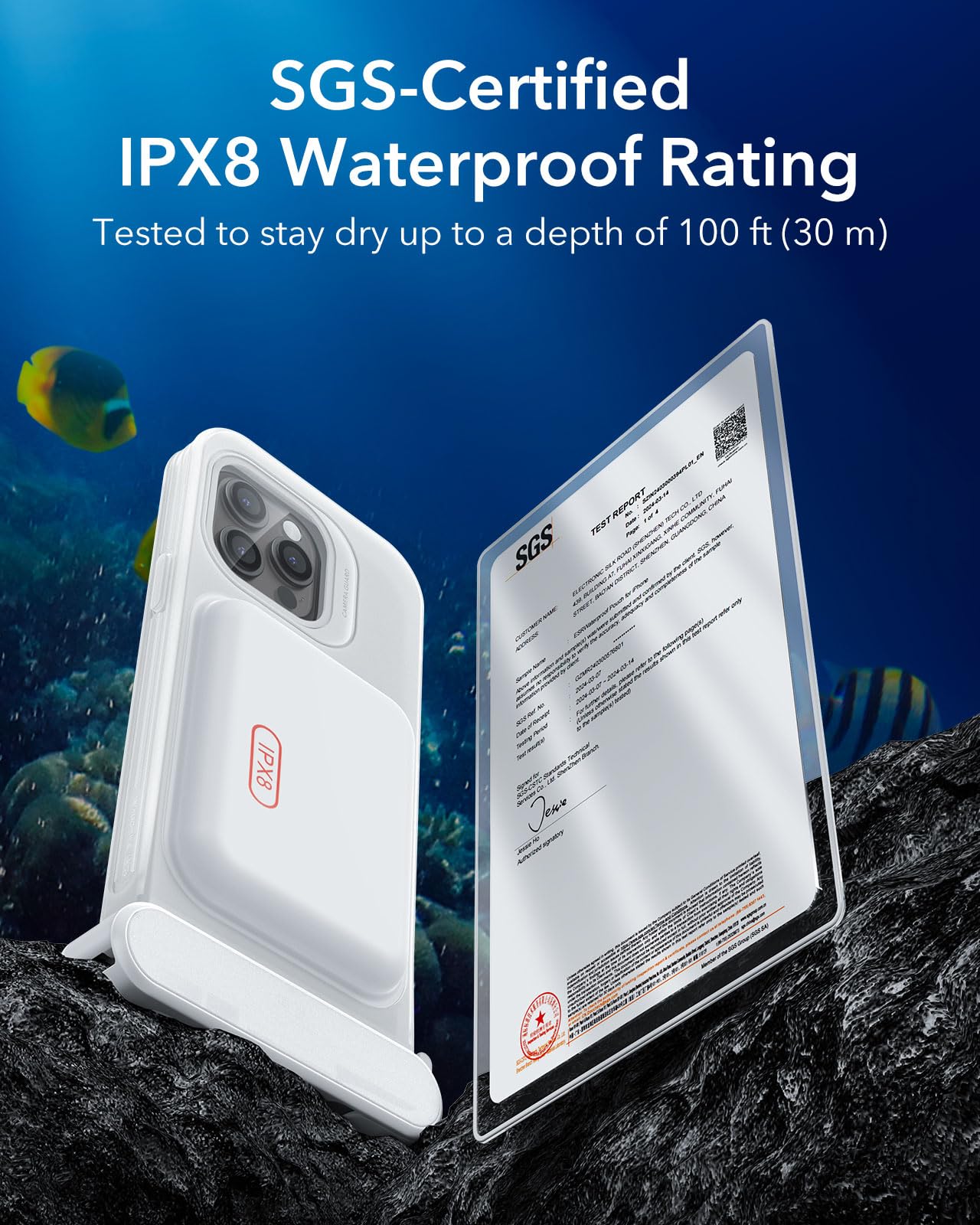 ESR Custodia Impermeabile per iPhone 15 Pro Max/14 Pro Max, Sensibilità al Tocco Sott'acqua, Impermeabile IPX8, Cover Galleggiante Subacquea con Cordino, Ideale per Lo Snorkeling, Bianco Trasparente