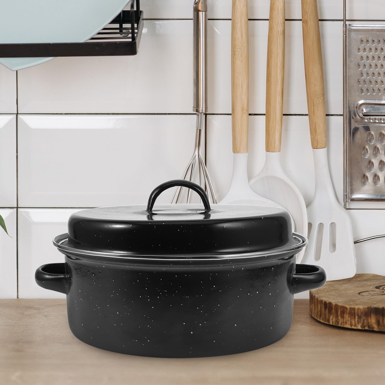 Kartoffeltopf aus Emaille mit Verschleißfestem Boden und Ergonomischen Doppelgriffen Schwarzer Bräter für Backofen und Grill zum Kochen und Braten