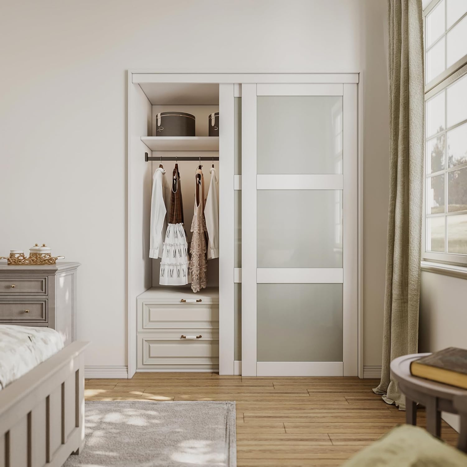 48" x 80'' Sliding Closet Door, Fingerprint-Resistant 3-Lite Tempered Frosted Glass with Good Privacy & Water-Resistant Frame, Build Quality (Double 25'' Pre-assembled Panels with Hardware Kit)
