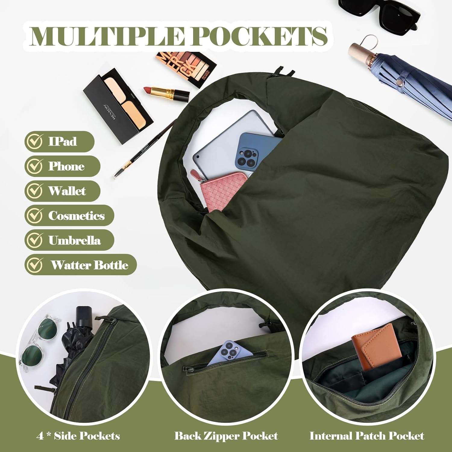 Slouchy Tote Bag Multipockets Nylon Purse Large Hobo Bags for Women Solid Color Crescent Handbag - Image 5