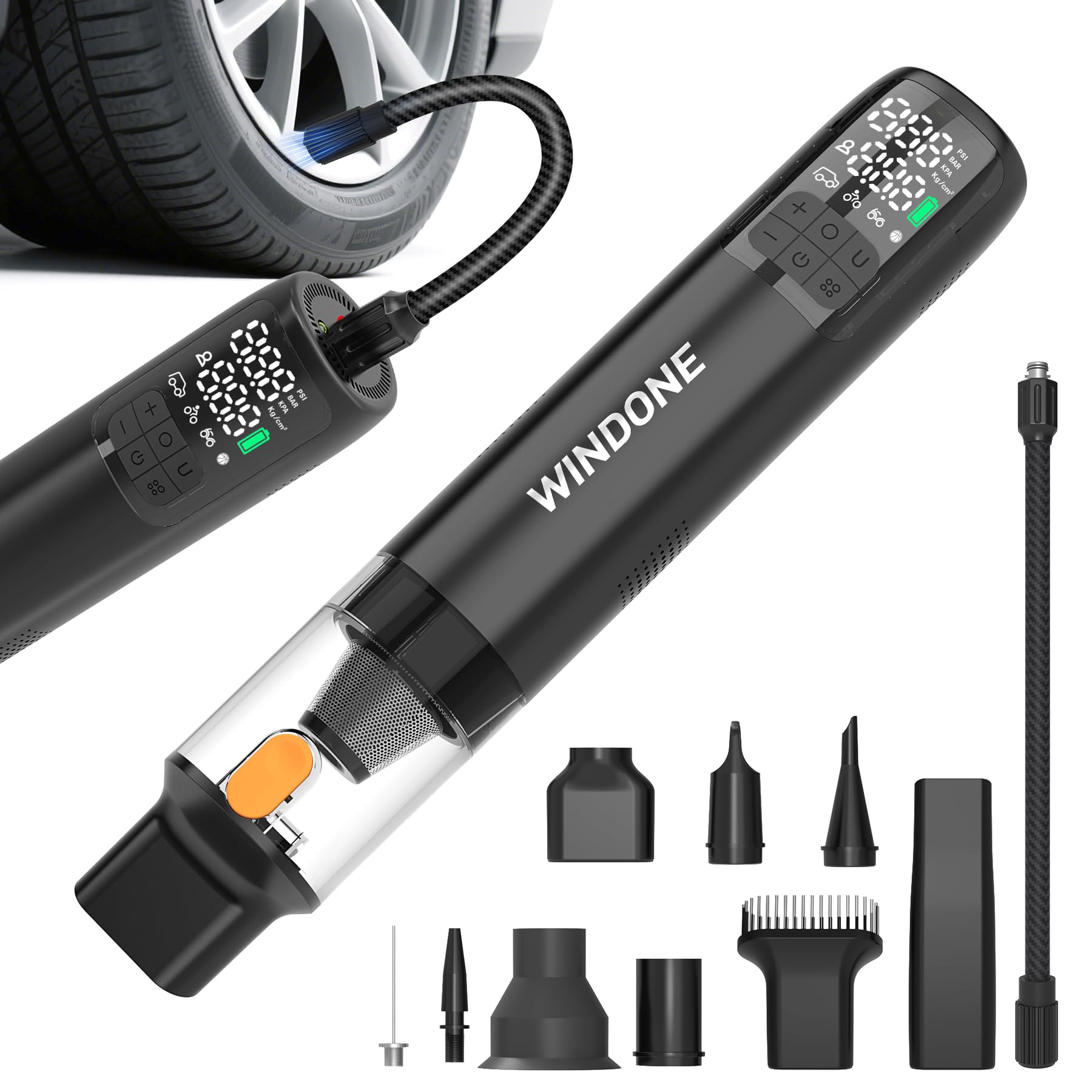 Car Vacuum, 12000Pa 2-in-1 Cleaner & Tire Inflator 150PSI, 60W Brushless Motor, Cordless Handheld Vacuum & Air Pump with Pressure Gauge, LED Light, Multi-Nozzles for Car, Home, Office