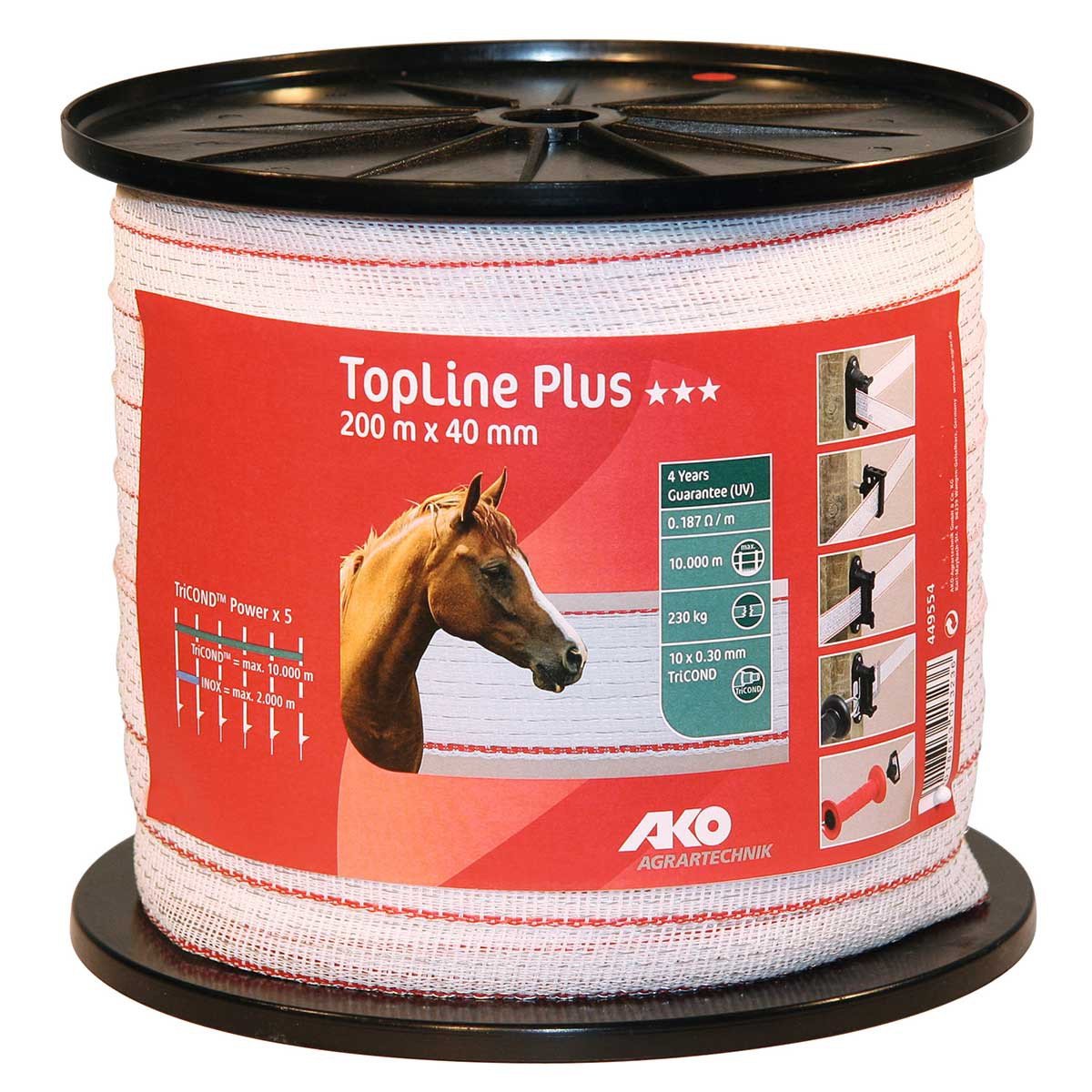 AKO Weidezaunband TopLine Plus (weiß/rot, 400 m Länge, 20 mm breit, TriCOND Leitermaterial, Tierzaun, Zubehör Weidetiere, Tierzubehör) 449550