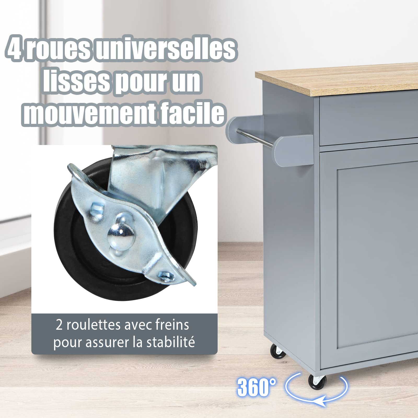 COSTWAY Dessert de Cuisine à roulettes Verrouillables, Ilot Central Cuisine Étagère Réglable sur 3 Niveaux, Grand Placard, Tiroir, Porte-épices et Porte-Serviettes, 40 x 116 x 85 cm (Gris)