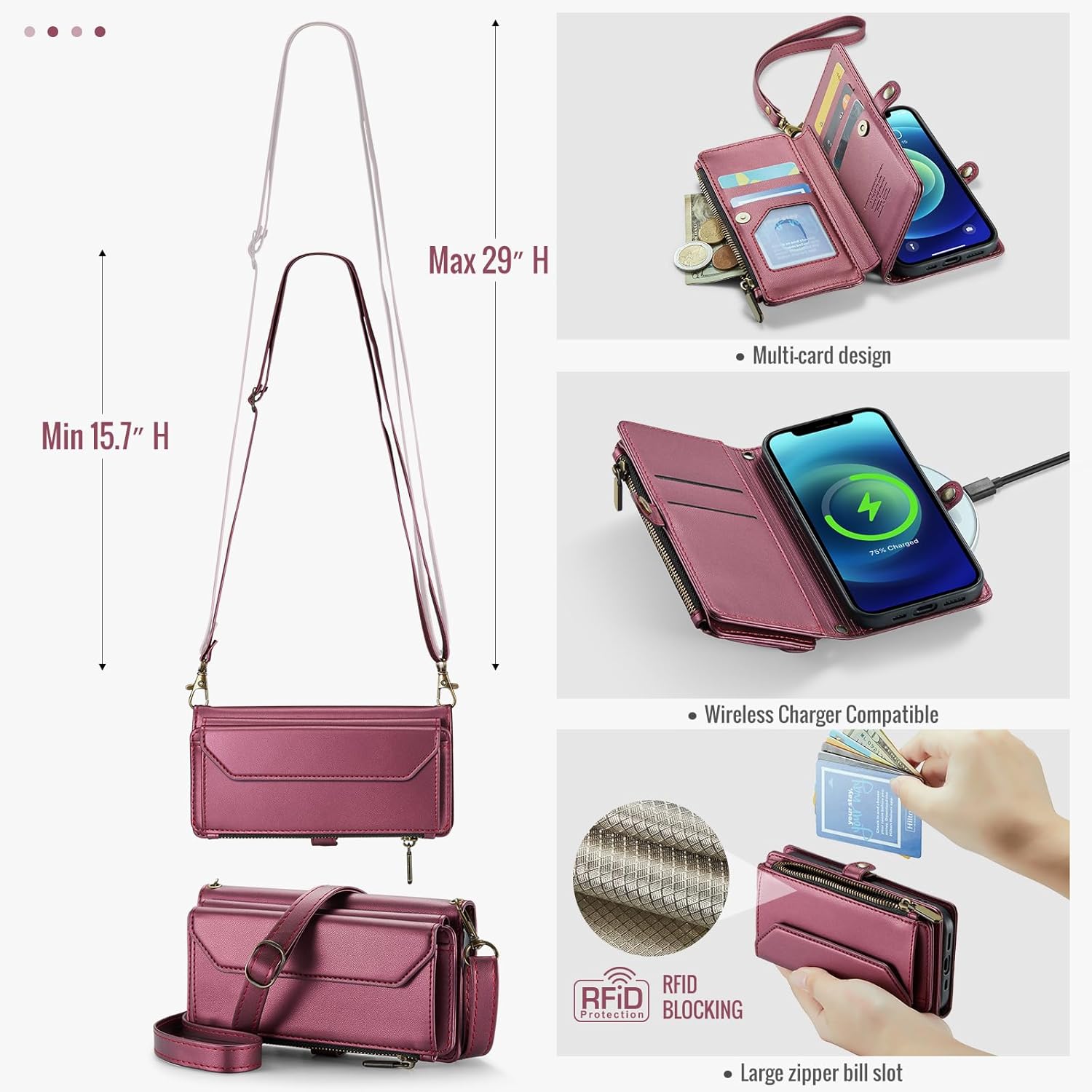 Asuwish Phone Case for iPhone 12 Mini 5.4 Zipper Wallet Cover with Tempered Glass Screen Protector and Flip RFID Blocking Card Holder Cell iPhone12mini 5G i 12s iPhone12 12mini Women Girls Wine Red