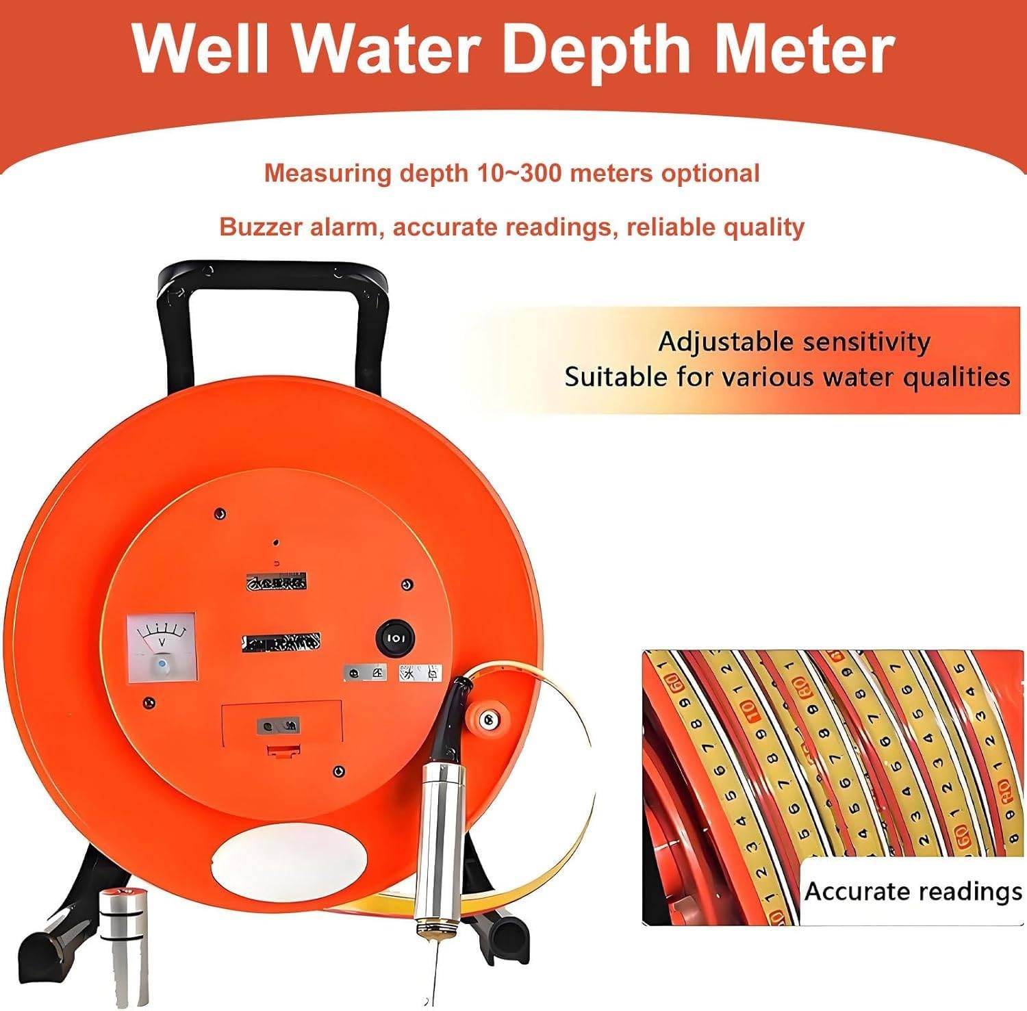 Medidor de nivel de agua de pozo profundo, instrumento de medición de nivel de agua subterránea de 10 m a 300 m con sonda fija y cinta de acero para pozos, perforaciones y tuberías