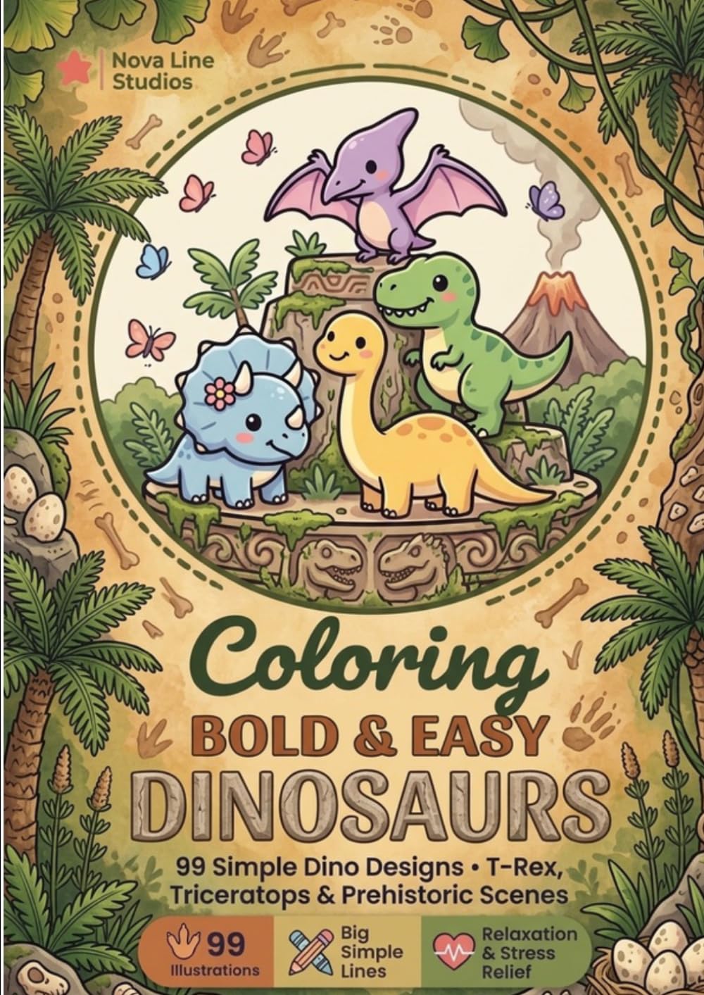 Bold and Easy Dinosaurs Coloring Book for Kids: 99 Simple Dino Designs - T-Rex, Triceratops & Prehistoric Scenes: Perfect for Kids, Adults, Beginners ... (Bold & Easy Animals Coloring Collection)