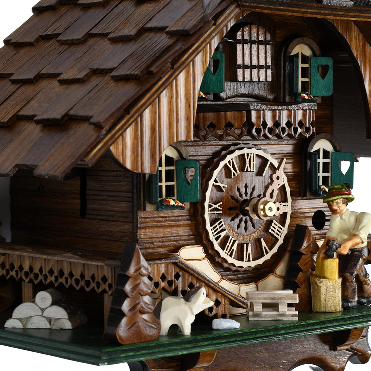 MusicBoxAttic Black Forest Chalet with Bell Tower and Animated Wood Chopper 1 Day Mechanical Cuckoo Clock