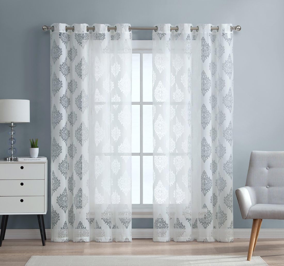 HLC.ME Adel Damask Burnout Window Sheer Voile Curtain Grommet Panels - Set of 52 x 84 inch Long (White)