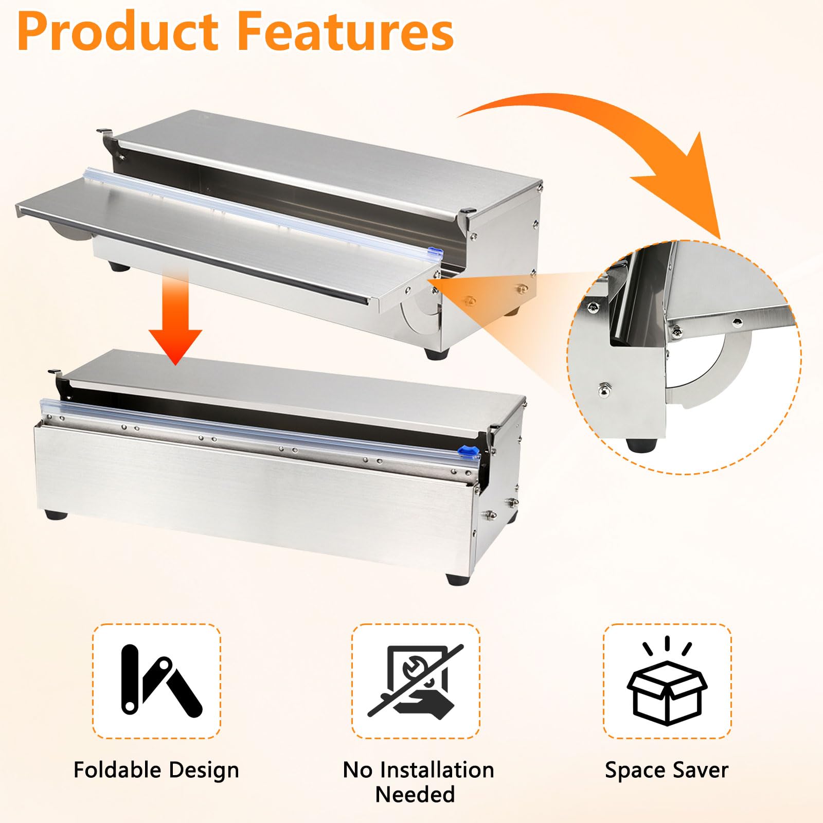 Folienspender Edelstahl (50cm) mit Frischhalte & Alufolie Hygienisch- staubdicht- Plastic Wrap Dispenser mit Cutter-5 Ersatzklingen