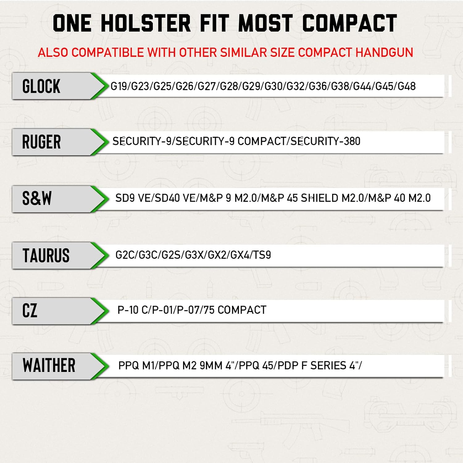 Universal Leather Holster for G19 G23 G26 G27, G2C G3C, P-10C, PPQ, SD9VE SD40VE, Security 9, Walther PPQ and Similar Size Compact Pistols – IWB and OWB Convertible, Optic Ready, Ambidextrous, Brown