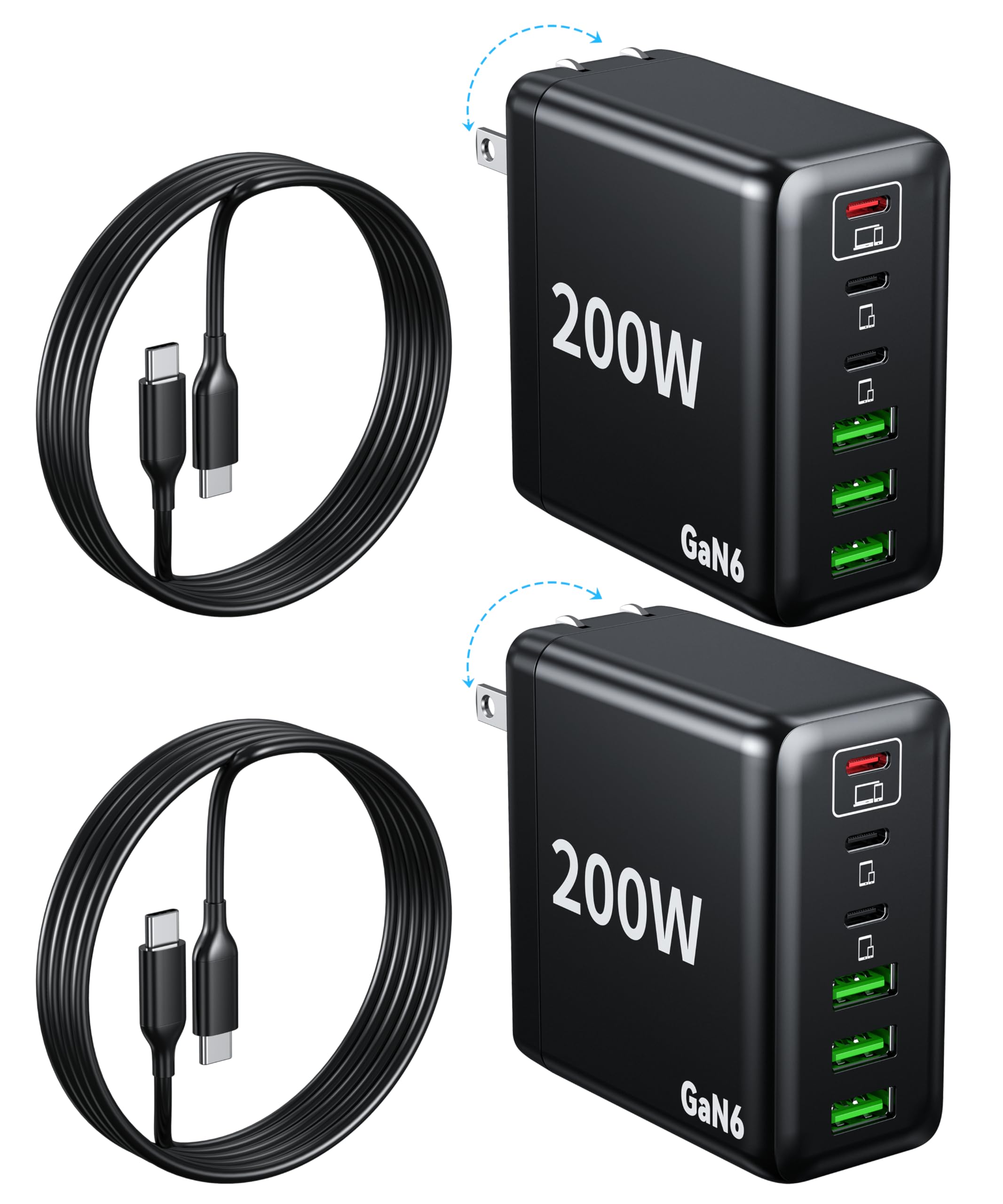 2 Pack USB C Charger Block 200W,6 Port Foldable Fast Charger Type C Charger iPhone 17 16 Fast Charging PD 3.1 Charging Station for All iPhone/Samsung Galaxy S25/S24/MacBook Pro/iPad