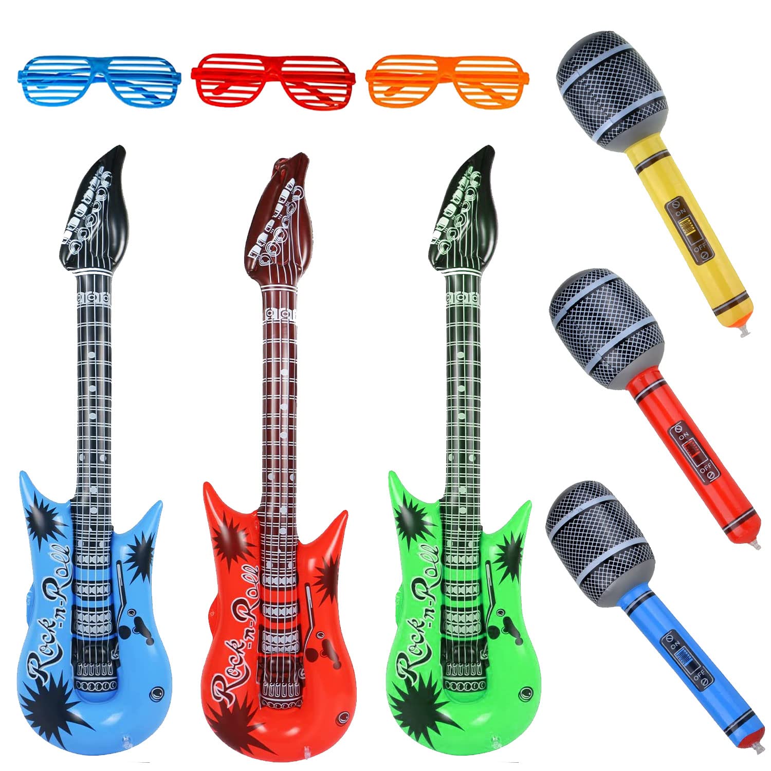 9 Piezas Juguete de Instrumentos Inflable de Gran tamaño,Incluye: 2 x Guitarra Inflable (93 cm), 3 x micrófono Inflable (25 cm), 3 x Gafas.