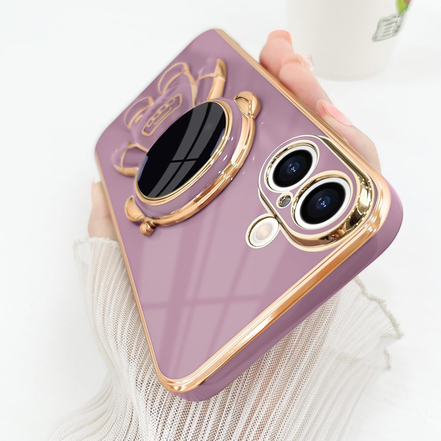 for iPhone 16 Case, Cute 3D Astronaut Stand with [2 Screen Protector] [Camera Protection] Kickstand Shockproof Bling Silicone Soft Phone Back Cover for Apple iPhone 16 Case, Purple - Image 7