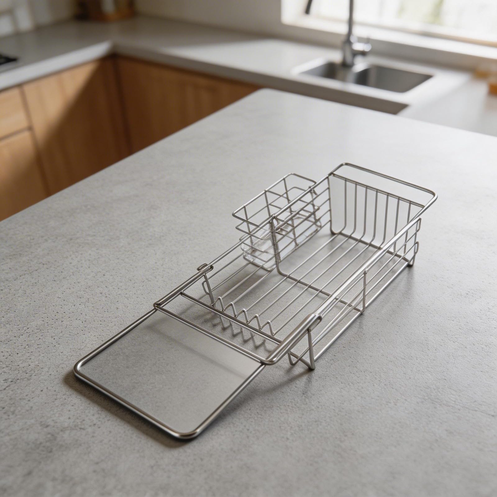 Escurreplatos extensible de acero inoxidable con soporte para cubiertos, escurridor para fregadero, secadora de cocina para platos y tazas, 40,5 x 18 x 13 cm