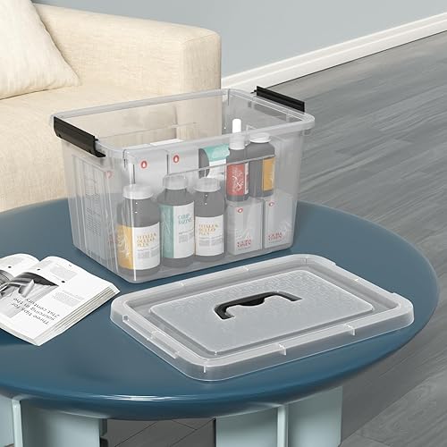 Miniatura 6 de Juego de 4 contenedores de almacenamiento con tapas de pestillo, caja de almacenamiento de plástico transparente con asa, 18 L