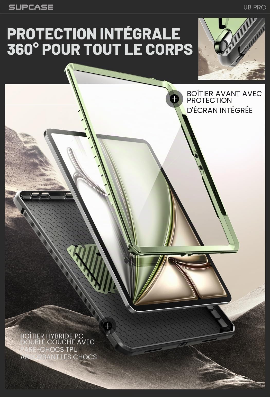 SUPCASE Coque pour iPad Air 13 Pouces (2025/2024) avec Fente Stylet [Support Pliable & Protecteur d'écran Intégré] Protection Robuste Qualité Militaire Intégrale pour iPad Air 13" M3/M2, Vert