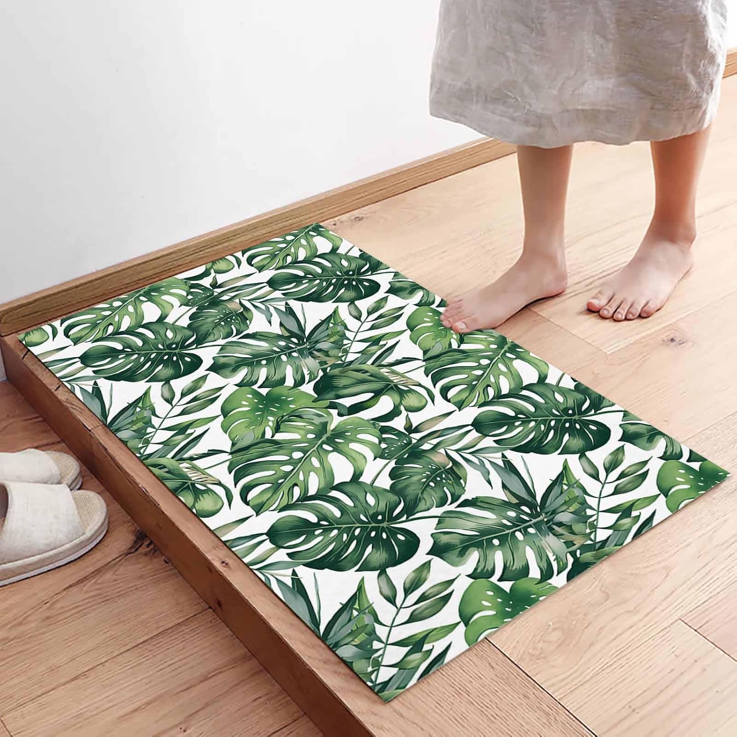 Monstera Front Door Mat Indoor Entrance, Summer Green Leaf Non Slip Doormat Watercolor Tropical Plant Absorbent Resist Dirt Floor Mats Washable Low Profile Inside Rugs for Entryway, 16''x24''