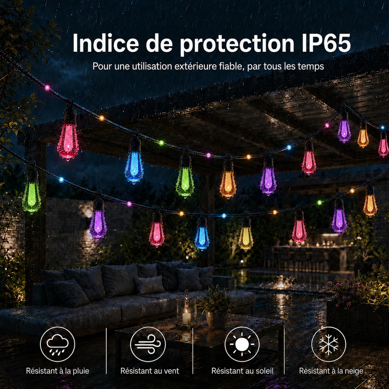 Guirlande lumineuse LED d'extérieur multicolore 15 m - 20 ampoules RVB S14 - Application intelligente avec 99 modes et minuterie (multicolore)