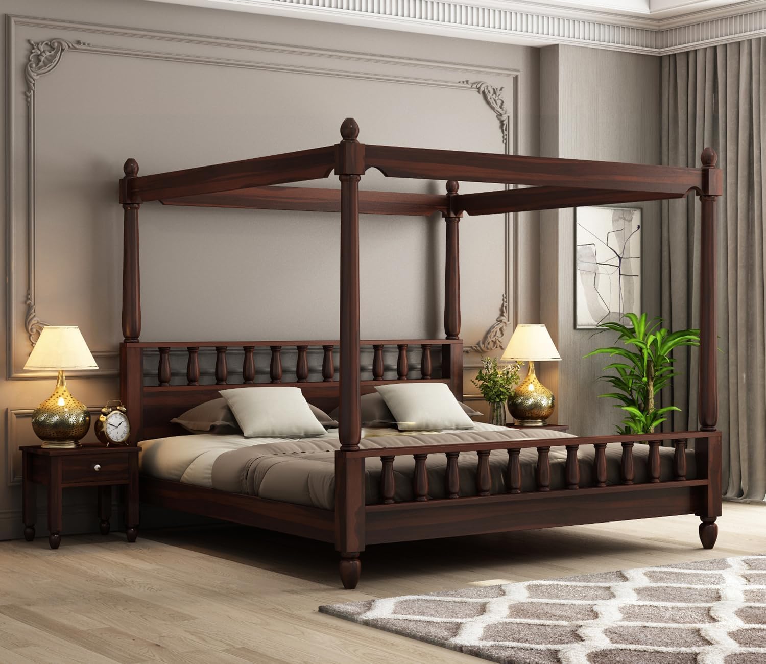 DAKSHAYANI HANDICRAFT Sheesham Solid Wood Allure Poster Bed | Handcrafted Queen Size Wooden Bed with Grand Design, Rich Walnut Finish & Premium Strength for Bedroom Décor