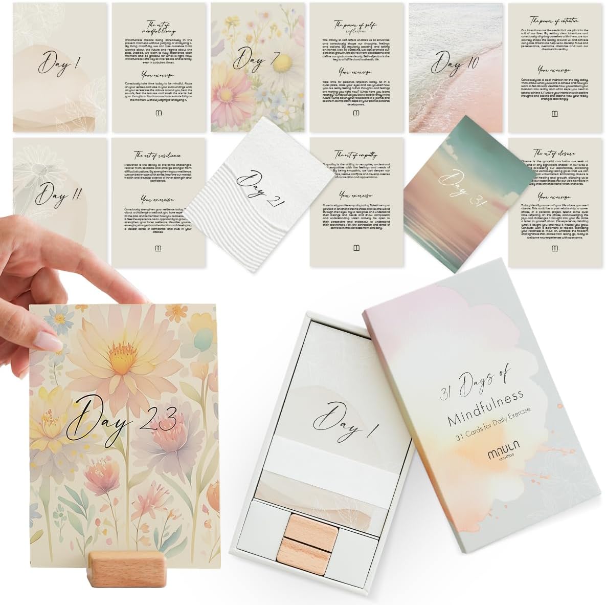 31 Positive Affirmation Cards with Wooden Stand – Motivational & Mindfulness Cards – Self Love, Mindset & Manifestation – Inspirational Card Set for Women, Daily Positivity & Wellness