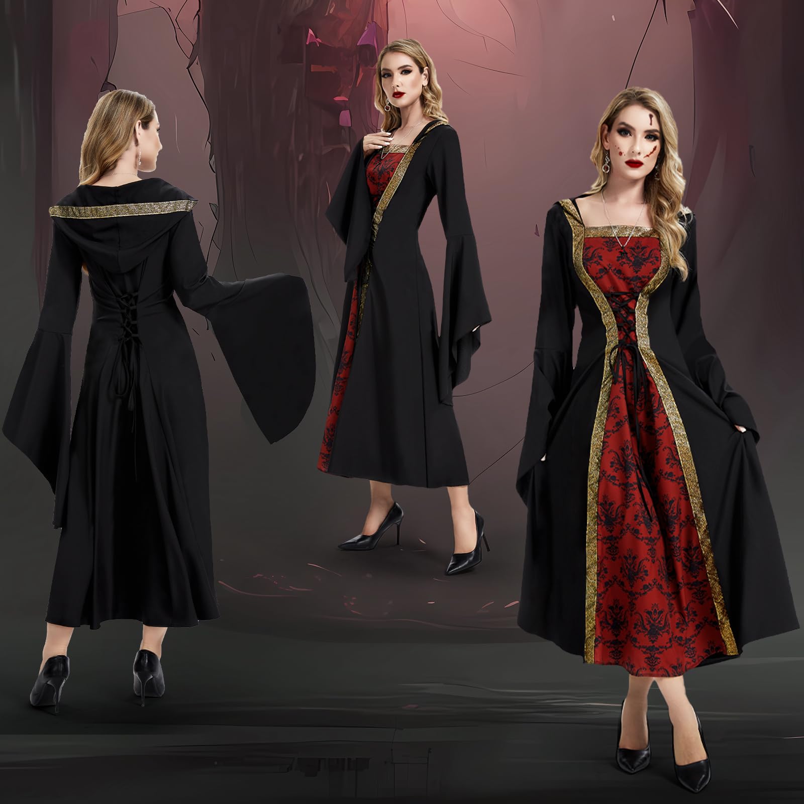 IEEILULU Vestito Vampira Donna, Vestito Medievale Donna Costume Vampiro, Costumi Halloween con Collana e Orecchini, Costumi per il Ballo in Maschera di Halloween