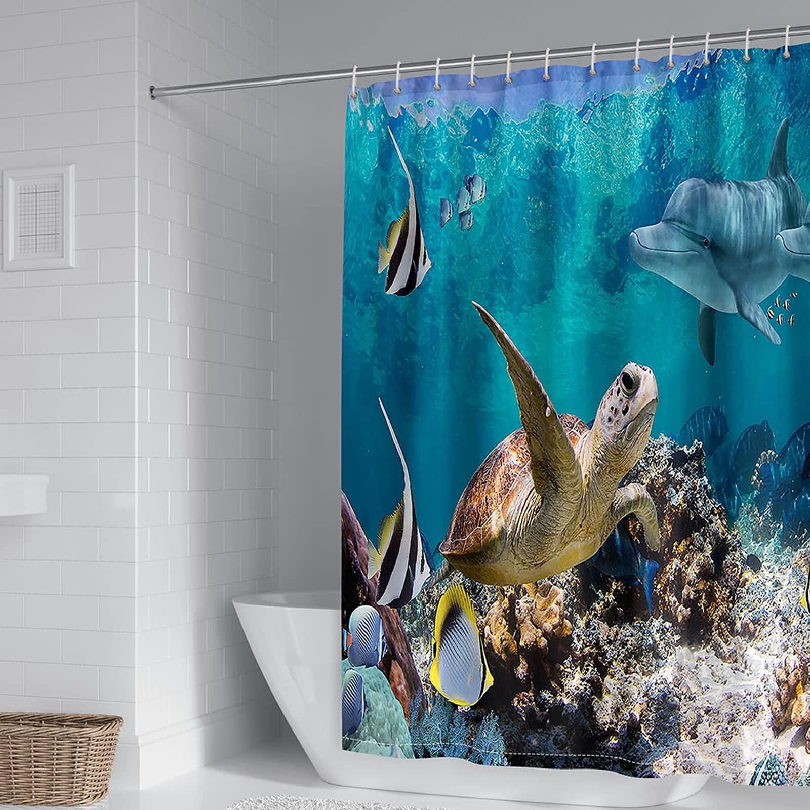 Rideau de douche polyester 180x200cm tortue dauphin salle de bain KnSam