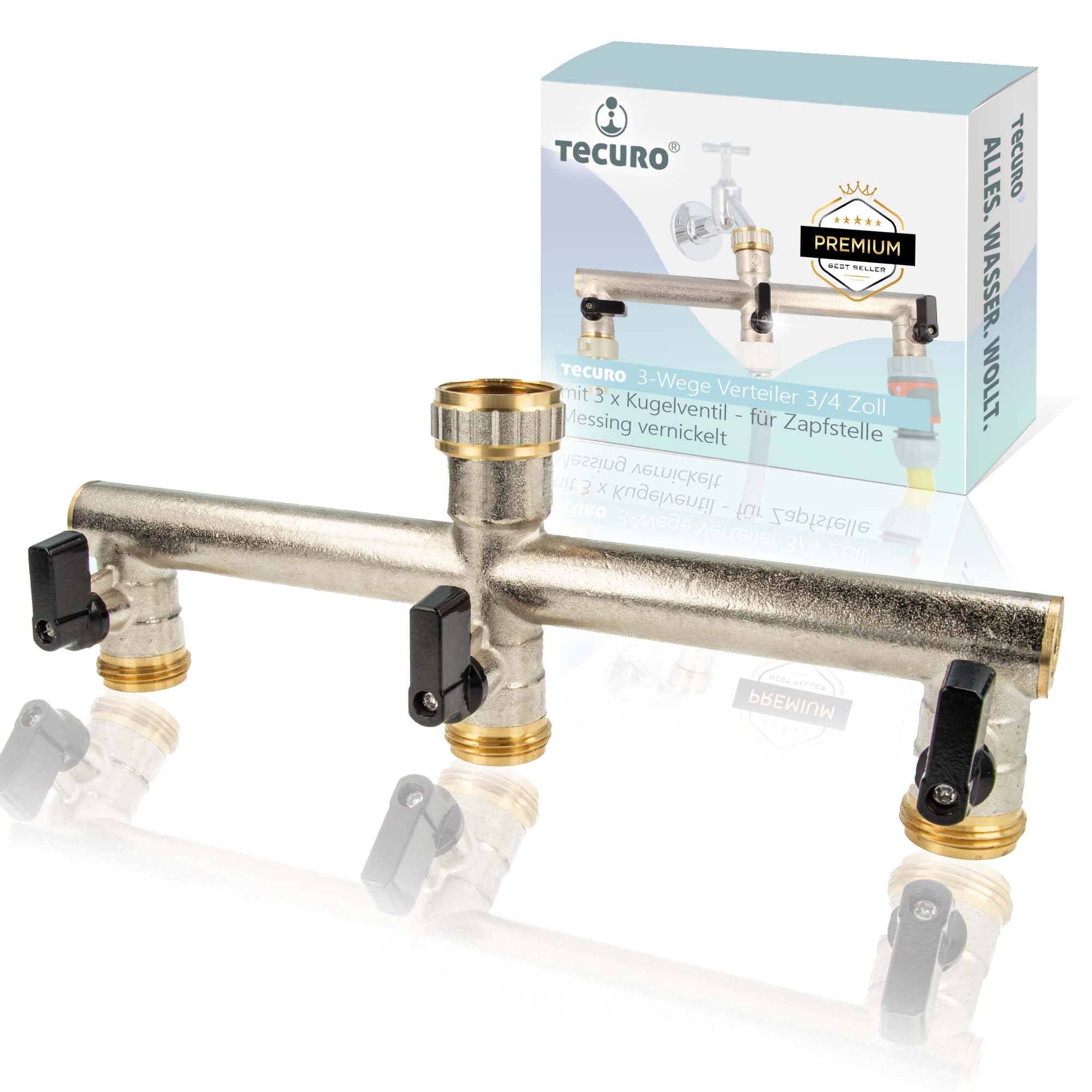 tecuro 3-Wege Verteiler 3/4 Zoll mit 3 x Kugelventil, für Zapfstelle, Messing vernickelt