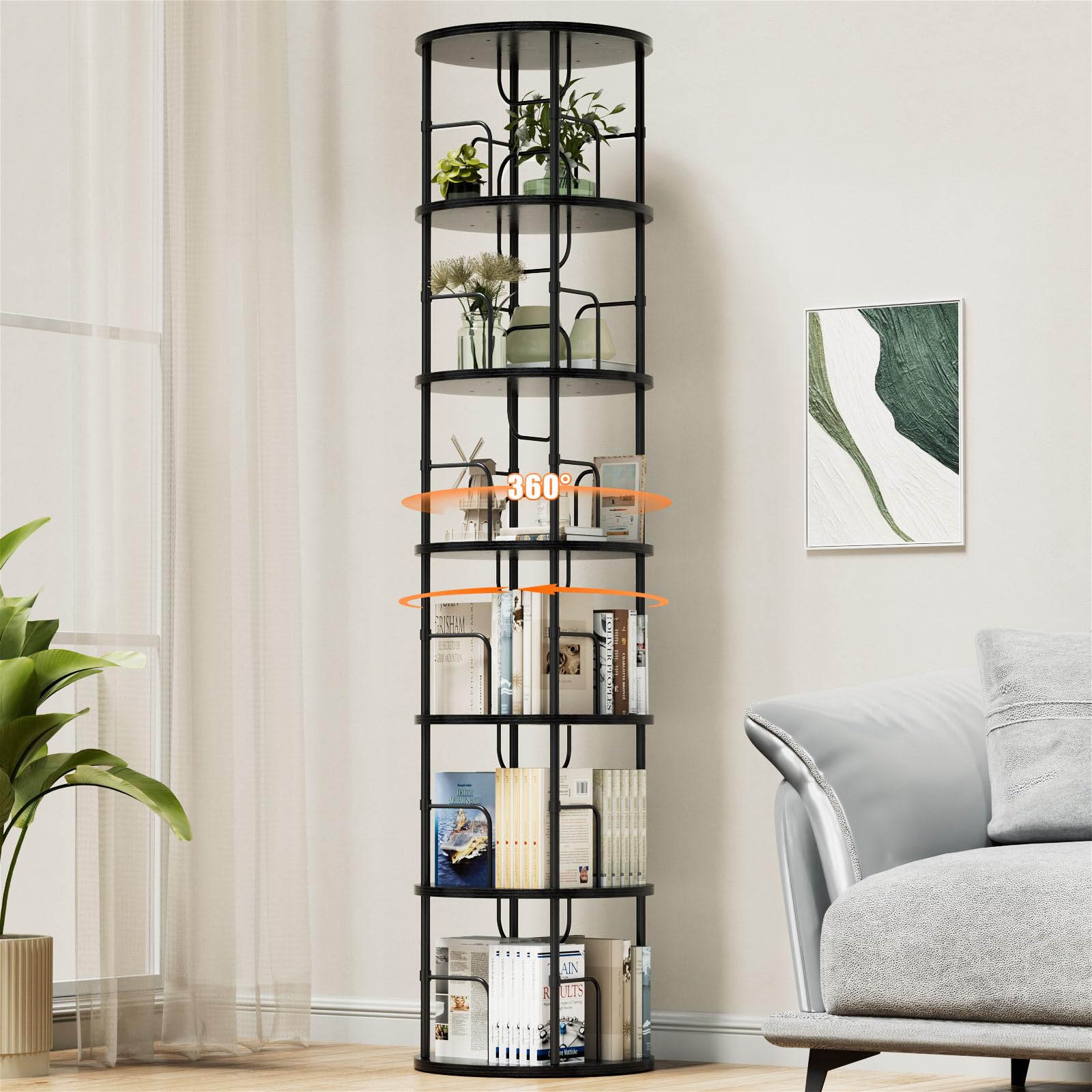 OCTORO 6 Tier Rotating Bookshelf, 360° Corner Bookshelf Tower, Round Revolving Bookcase with Adjustable Levels, Spinning Book Shelf for Home Office, Bedroom, Living Room, 45 x 45 x 193 cm, Black