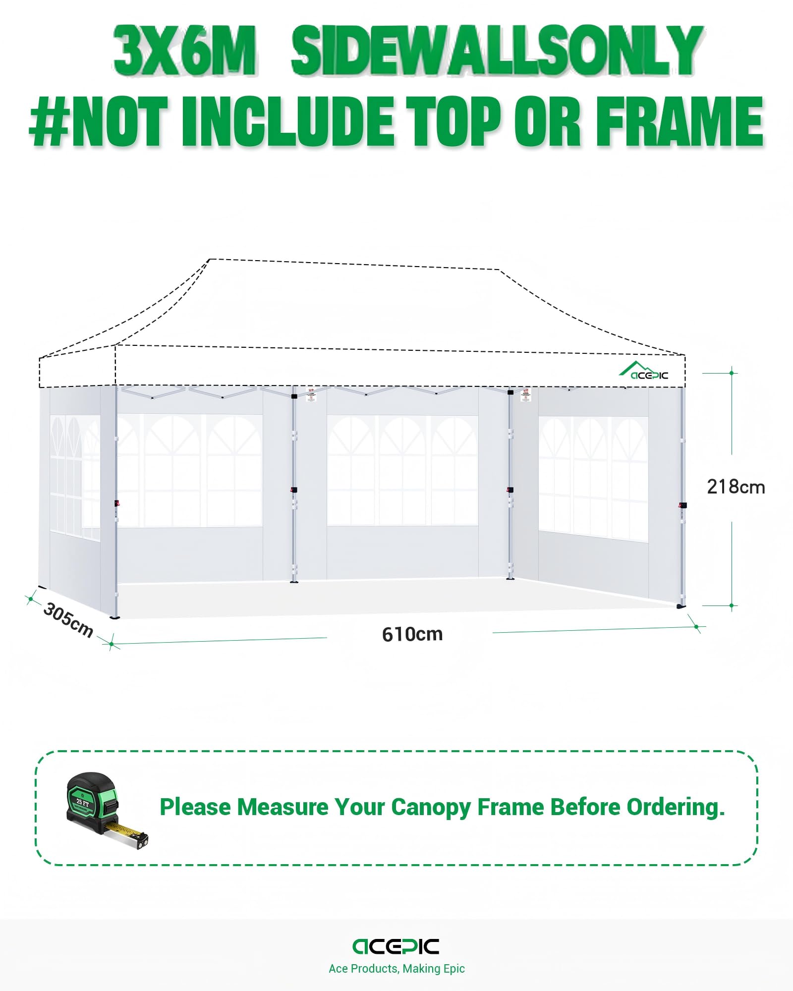 Acepic Lot de 4 panneaux latéraux de tonnelle avec fenêtre et fermeture auto-agrippante pour tonnelle de 3 x 6 m, comme protection contre le vent et brise-vue pour tente de fête, imperméables (blanc