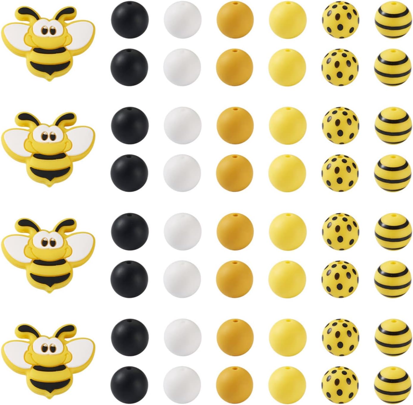 Mega Pet 100Pcs Bee Theme Silicone Beads Mixed Colors Round Silicone Spacer Round Beads with Polka Dot & Stripe Pattern for DIY Jewelry Making