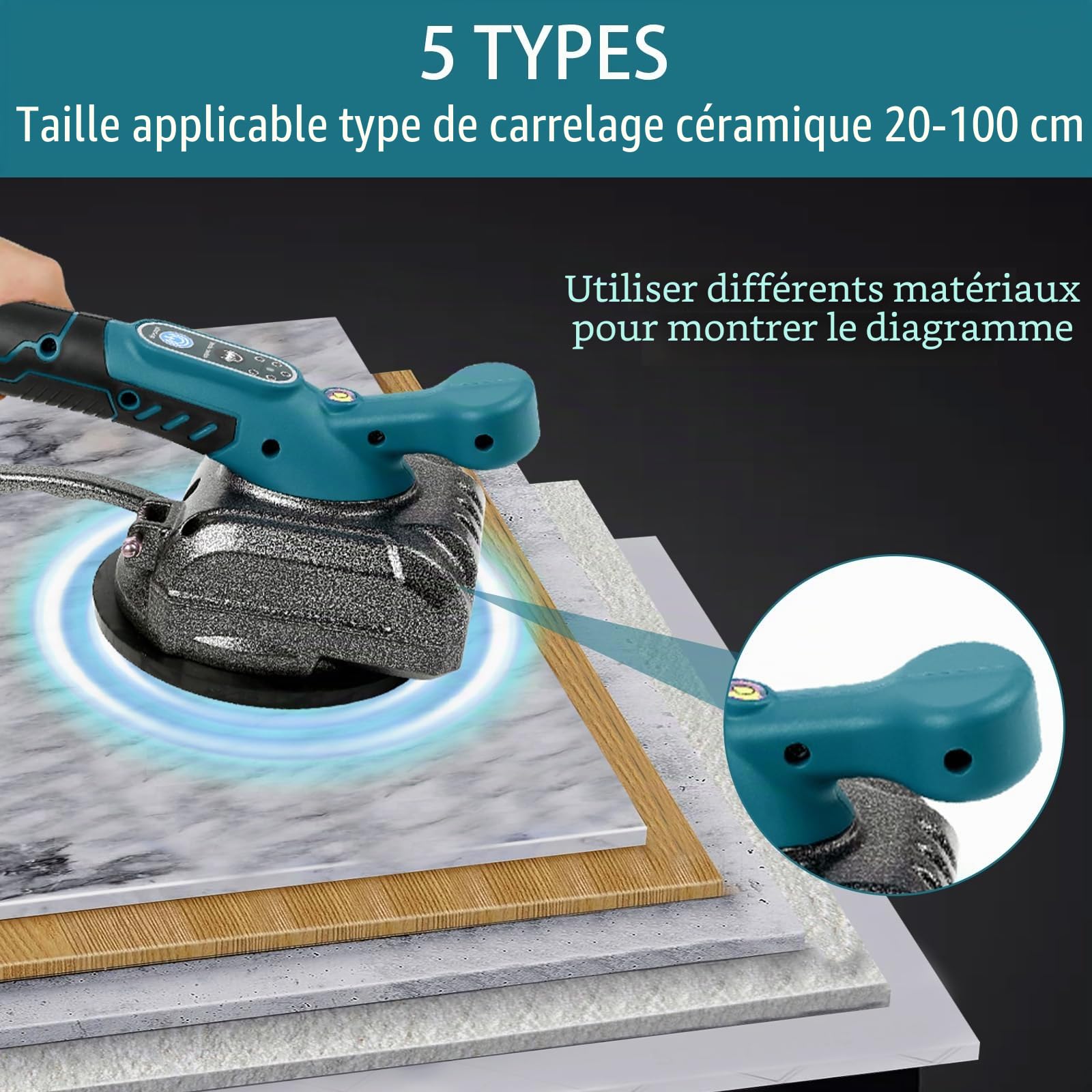 Machine à carreler pour Makita 18V, vibrateur de carrelage électrique avec ventouse de 4,7 x 4,7 pouces, 5 vitesses réglables, capacité de 80 kg, machine à carreler, adaptée aux carreaux de 39 pouces