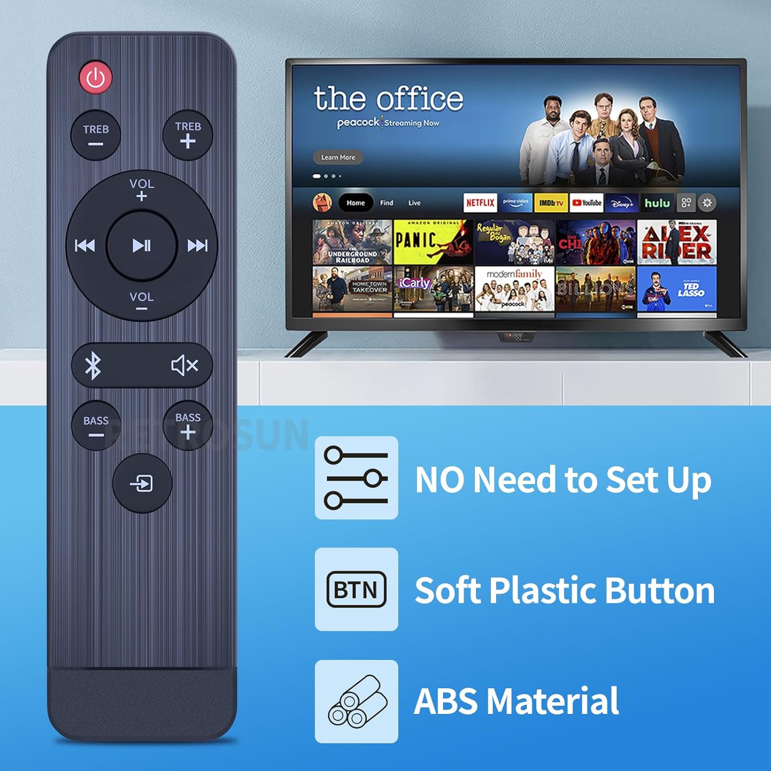 Remote control next to a television, with icons highlighting 'NO Need to Set Up', 'Soft Plastic Button', and 'ABS Material'.