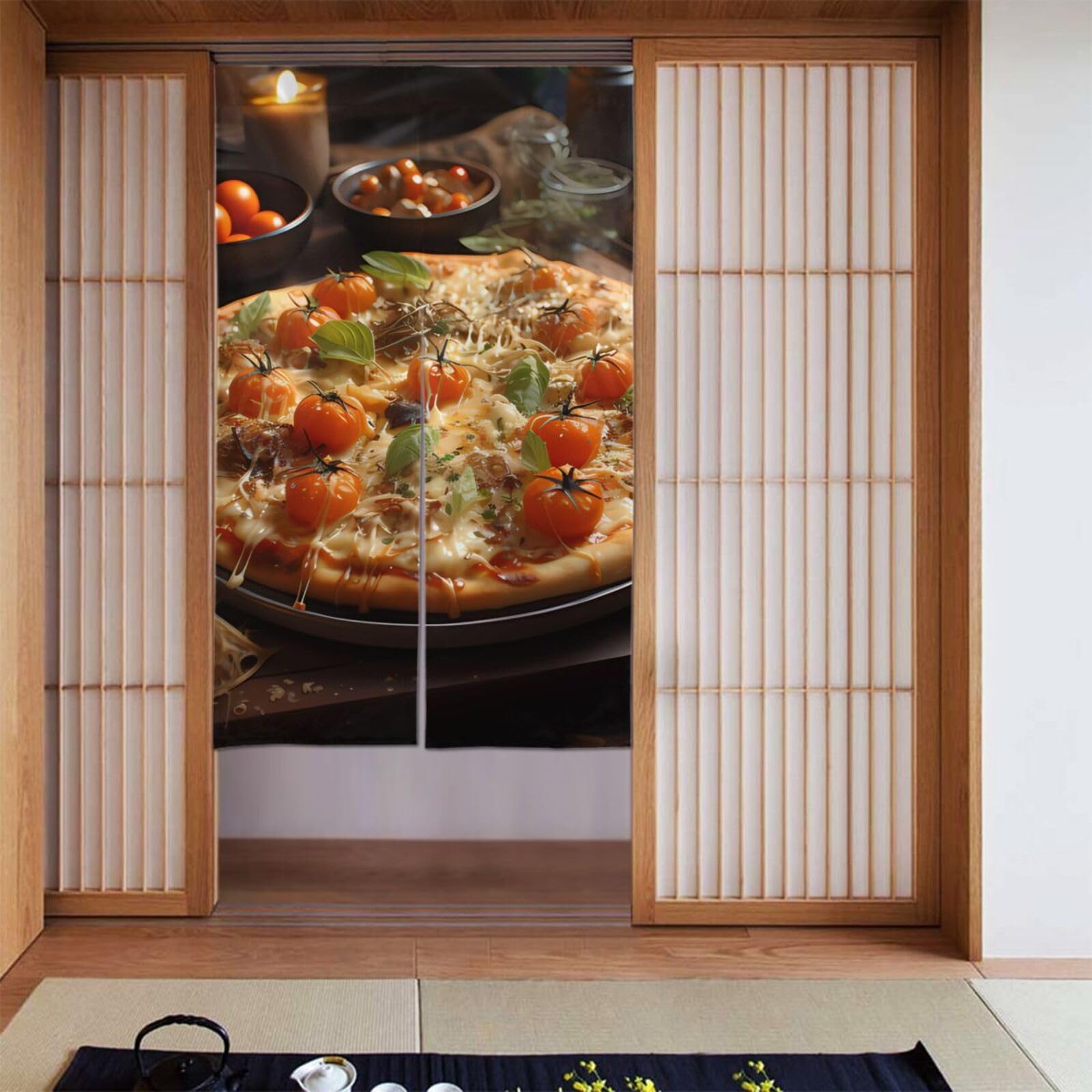 Whjshop Black Tantalizing Tomato Pizza Picture Door Curtain Partition Splicing Privacy Protection Suitable For Kitchen, Bathroom, Room 34X56in