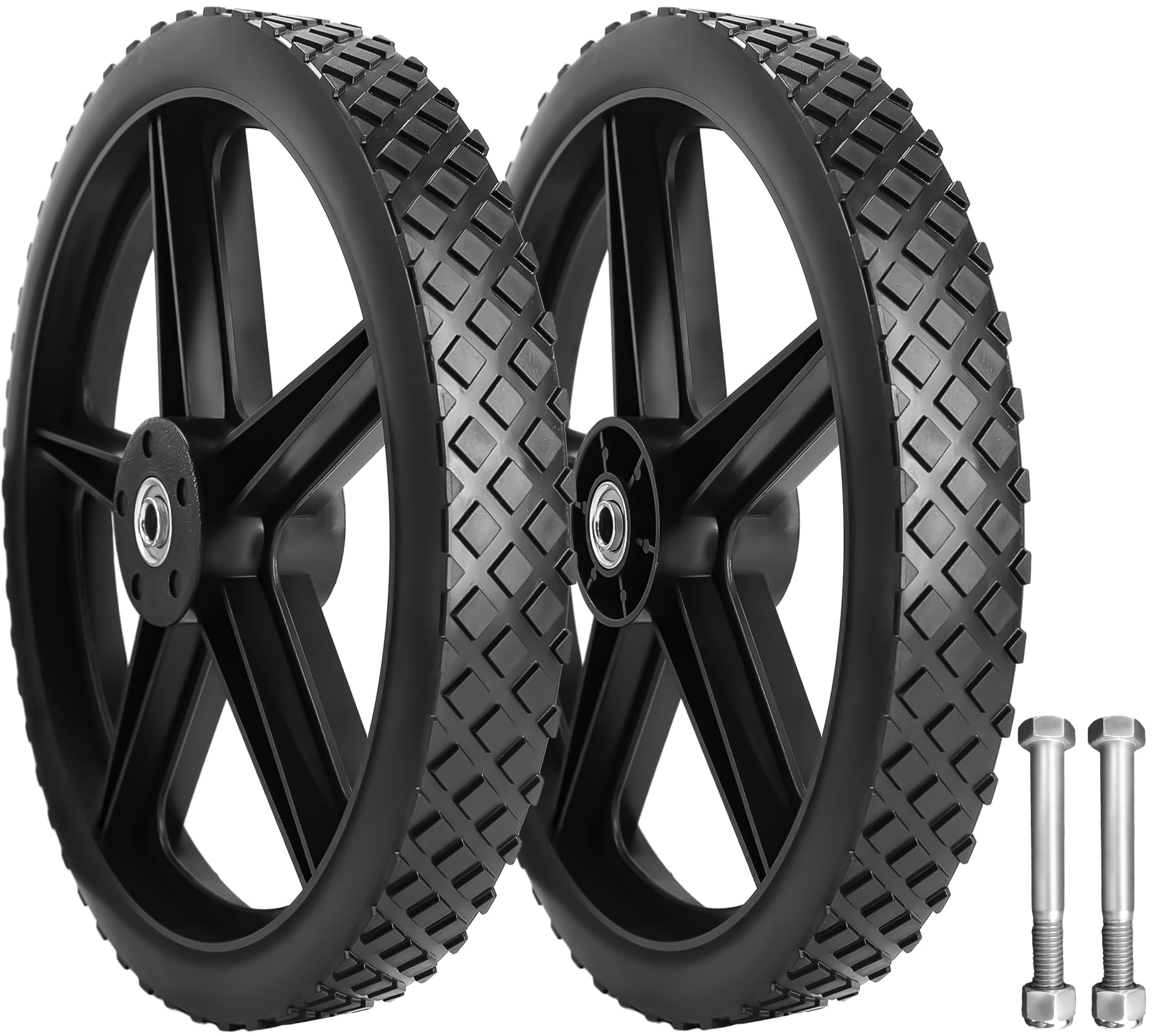 14 x 1.75" Lawn Mower Wheel Spoked Plastic Wheel with 1/2" Axle Bore, 2.45" Offset Hub Length, Includes Bolts, Nuts