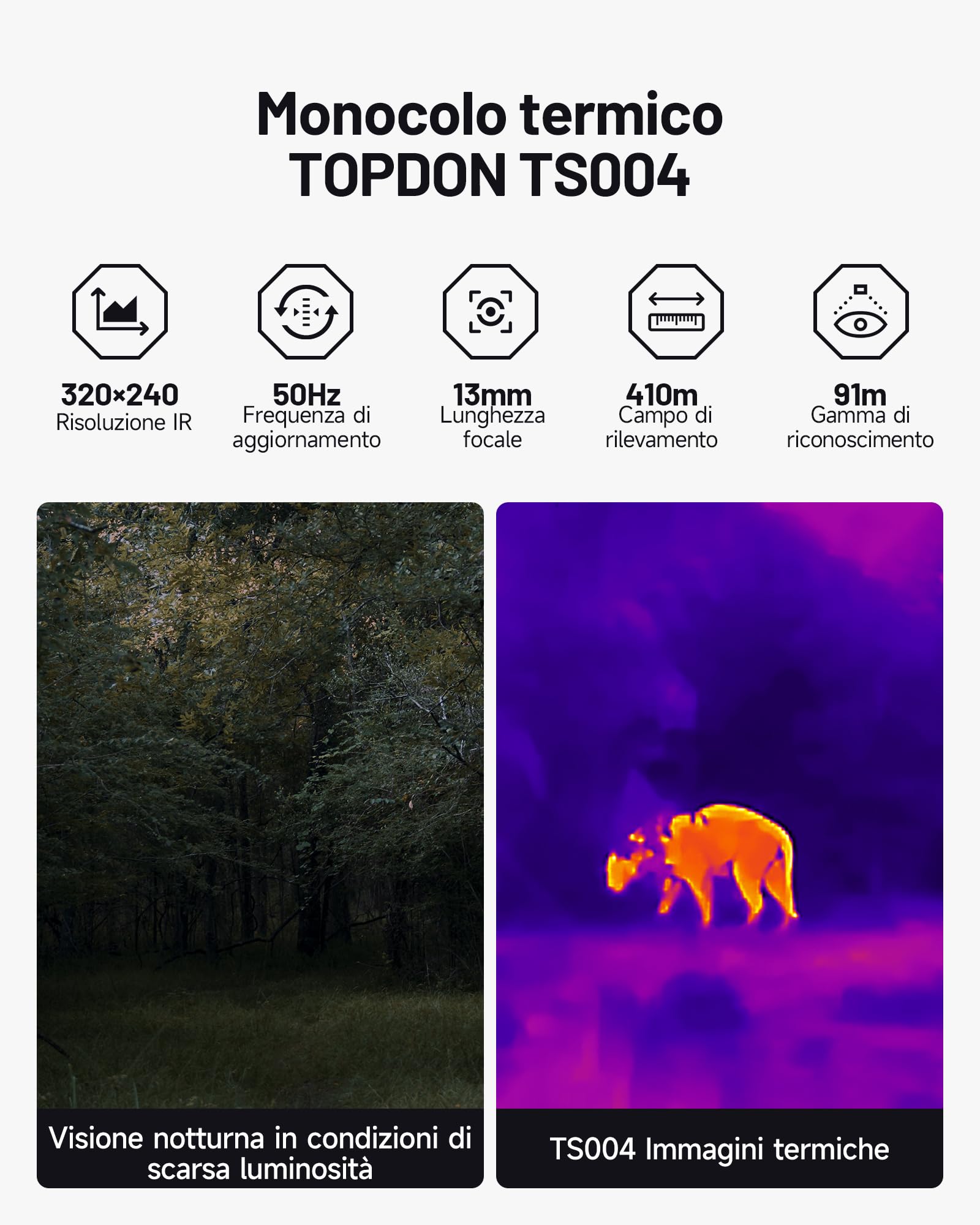 TOPDON Monocular termico TS004, 320x240 Termocamera con 13mm Obiettivo, 50Hz, 32G RAM, durata della batteria di 11 ore, per esplorazione all'aperto, osservazione della fauna selvatica, caccia