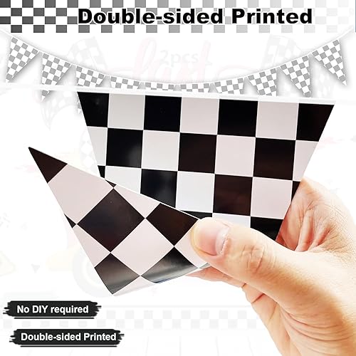 Vista 3 de 2 banderines a cuadros de doble cara, temática de auto de carreras, rojo y blanco, 80 x 5.5 x 7.8 pulgadas, decoración de fiesta de cumpleaños