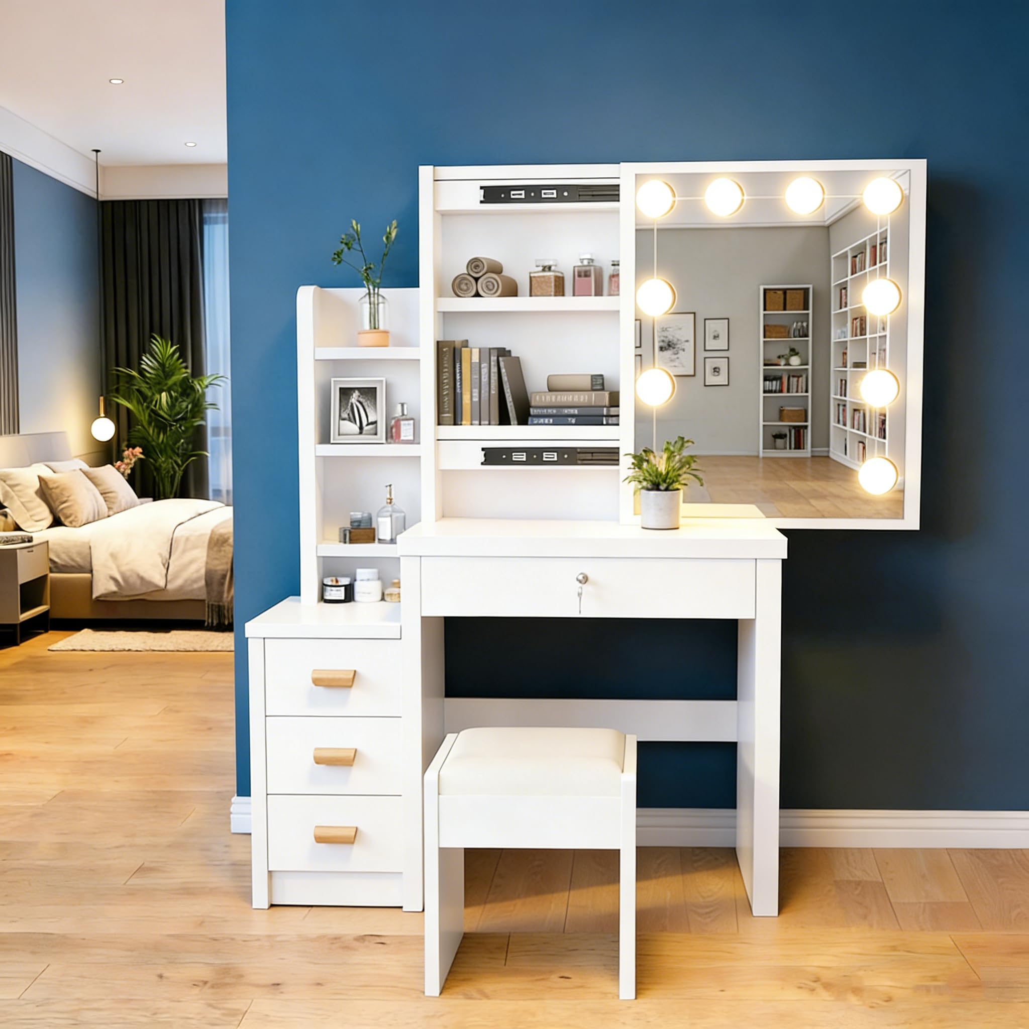 Coiffeuse Maquillage avec Miroir LED, Luminosité Réglable 3 Couleurs, Table de Maquillage avec Tabouret, 4 Tiroirs & 7 Étagères, Coiffeuse Moderne Bois Blanche pour Chambre 135×80×36 cm