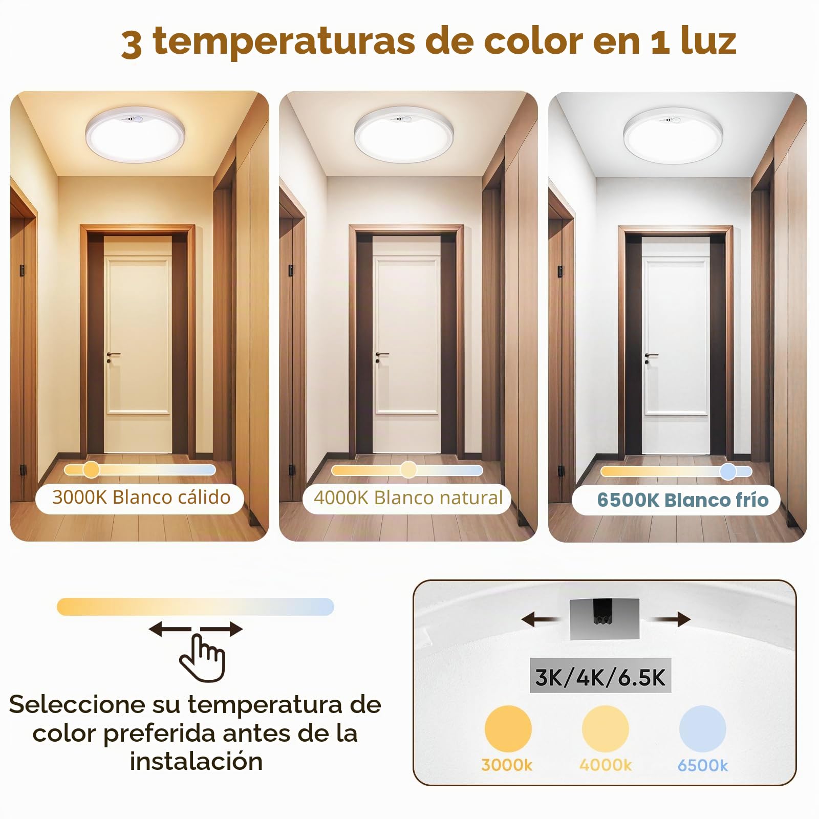 NIBSHOOM plafon led techo 3000K/4000K/6500K,2PCS luz led con sensor de movimiento 18W/1800LM/IP44 Impermeable lampara techo para Pasillo Escalera Balcón Garaje Baño Ø22cm