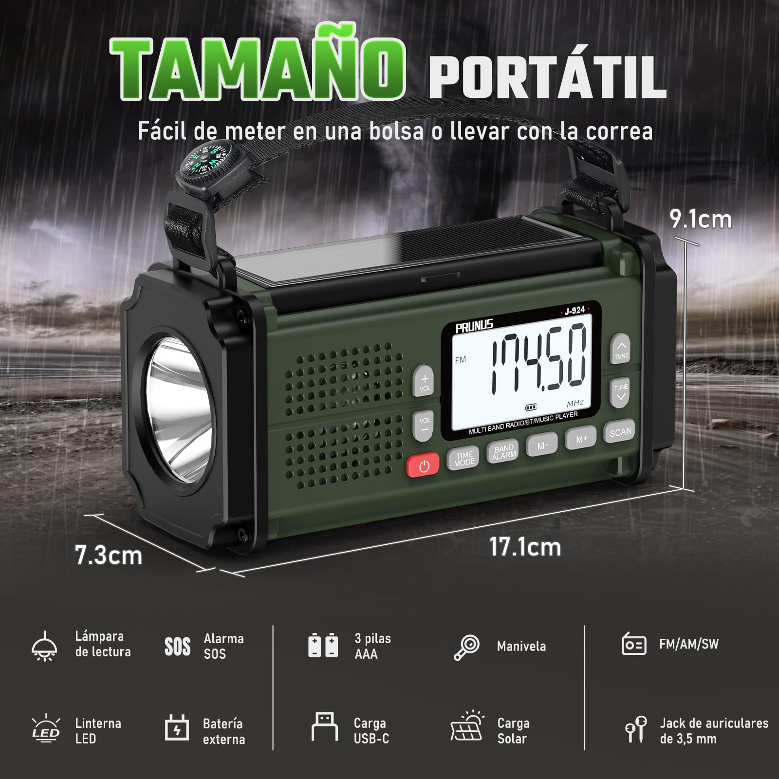 PRUNUS J-924 Am/FM/SW Radio Solar y a Pilas, Radios Digital con Función de Preselección, Radio Portatil Pequeña Recargable de 10000 mAh, Radios Emergencia con Manivela, Linterna, SOS.