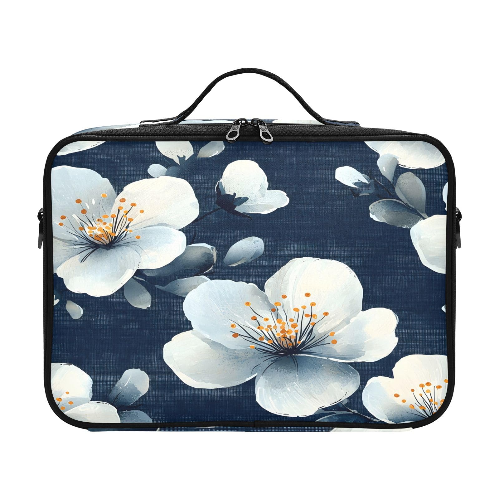 zyrtty Travel Makeup Train Case Navy White Flower Pattern Cosmetic Organizer Portable Storage Bag with Adjustable Dividers for Cosmetics Brushes Toiletry Jewelry Digital Accessories