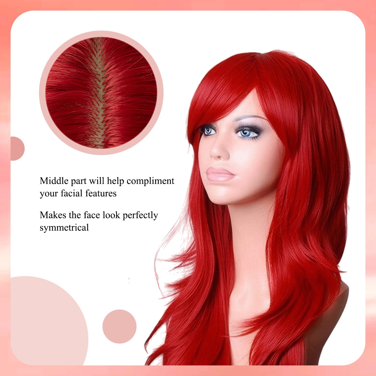 Red Long Wavy Curly Wig for Women Natural Curly Heat Resistant Synthetic Hair Replacement Perfect for Cosplay Halloween Fancy Dress&Daily Wear 27 Inch Includes 1 Lace Necklace - Image 3