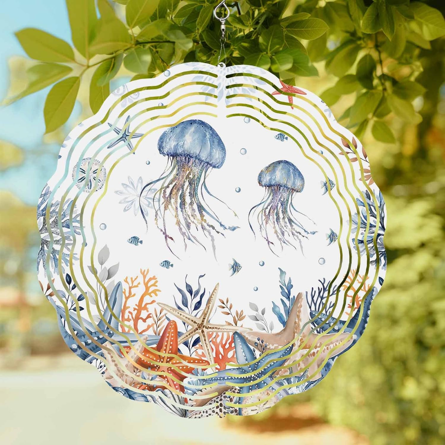 Ocean Jellyfish Starfish Coral Wind Spinner for Garden Yard 3D Stainless Steel Hanging Wind Spinners, Underwater World Spinners Outdoor Metal Decor for Lawn Patio Home