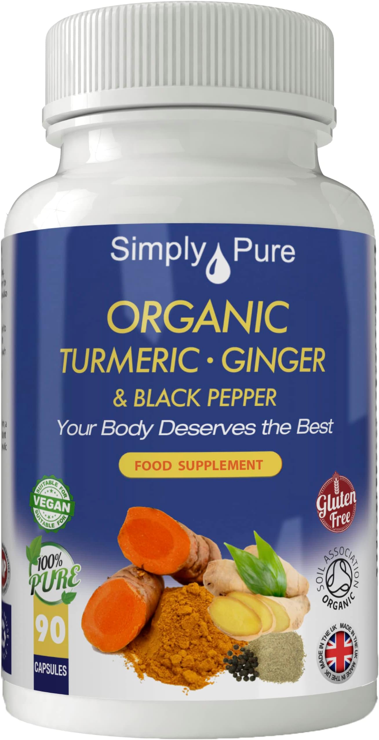 Organic Turmeric, Ginger & Black Pepper for Inflammation & Chronic Pain | 720mg Capsules x 90 | 100% Pure Soil Association Certified | Gluten Free | GM Free | Vegan