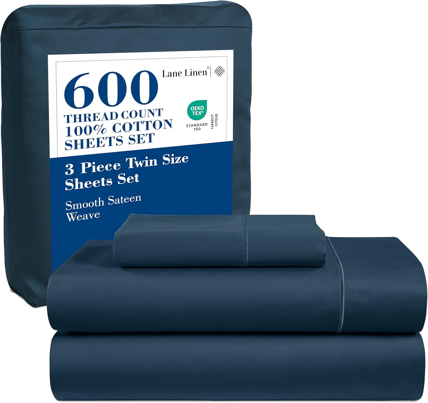 LANE LINEN 600 TC 100% Mercerized Cotton Twin Sheets Set, Machine Wash, Mercerized Cotton for Sily Finish, Soft & Comfy Fully Elasticized Sheets Twin Size Bed Set, Sateen Weave - Dark Denim
