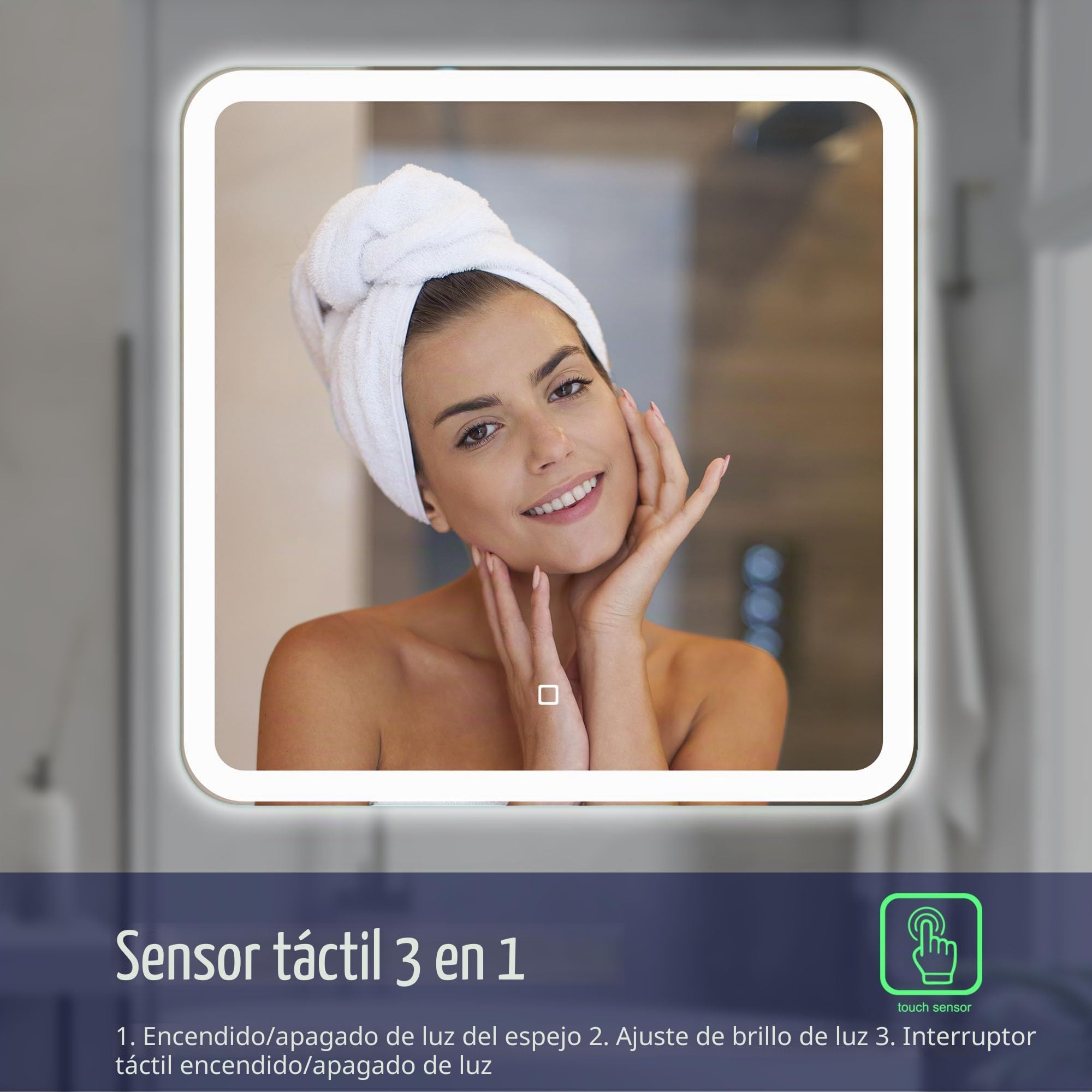 60x60 cm Espejo de Baño Cuadrado con Luces LED Espejo de Baño Iluminado Espejo de Tocador Esquinas Redondeadas Cuadrado con Luz LED Frontal en Blanco Natural