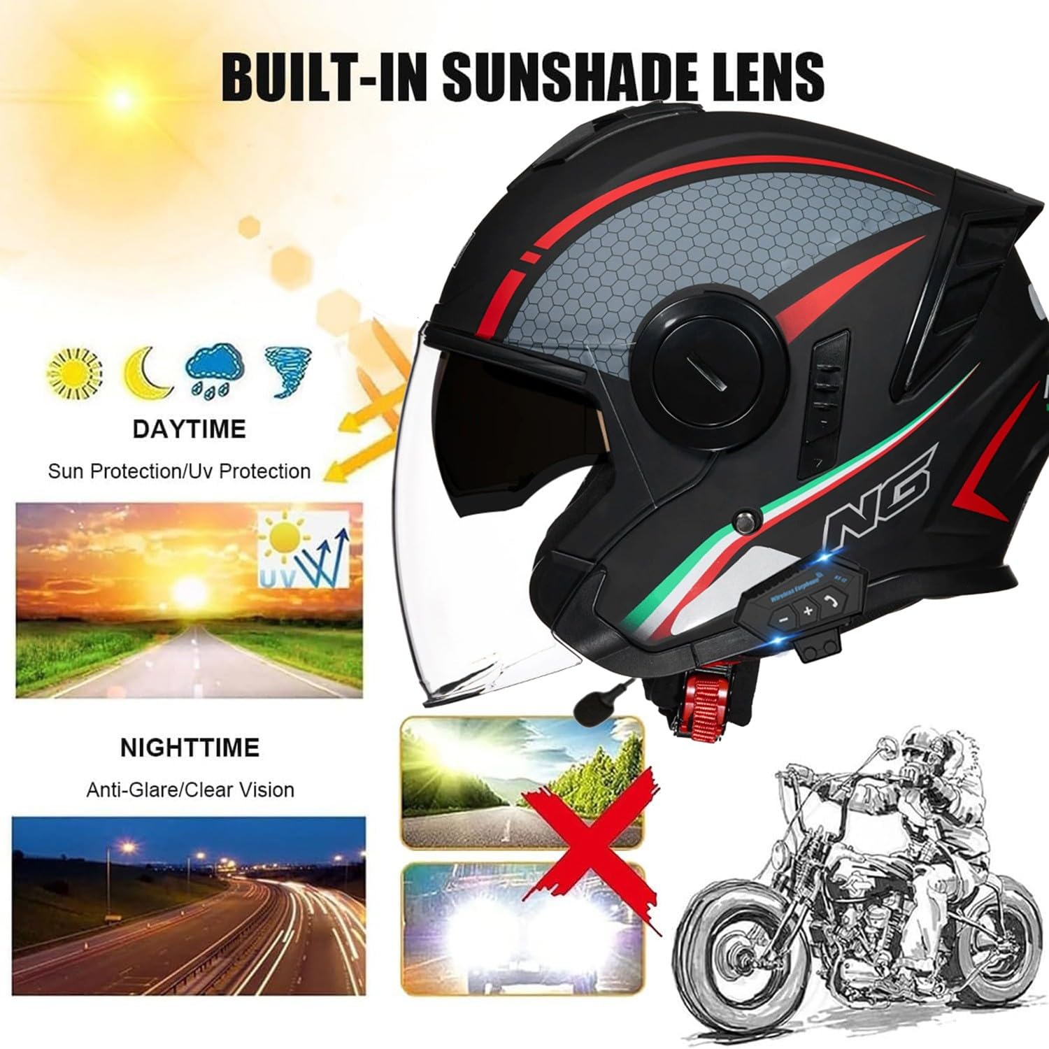 Cascos Abiertos de Moto 3/4 Bluetooth con Visera Medio Casco Motocicleta Jet Homologado ECEDOT Casco Half-Helmet para Hombres Y Mujeres Adultos Función Bluetooth Integrada